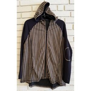 Susan Graver Weekend Sz Med. Jacket Knit Hooded Full Zip Houndstooth Black & Tan